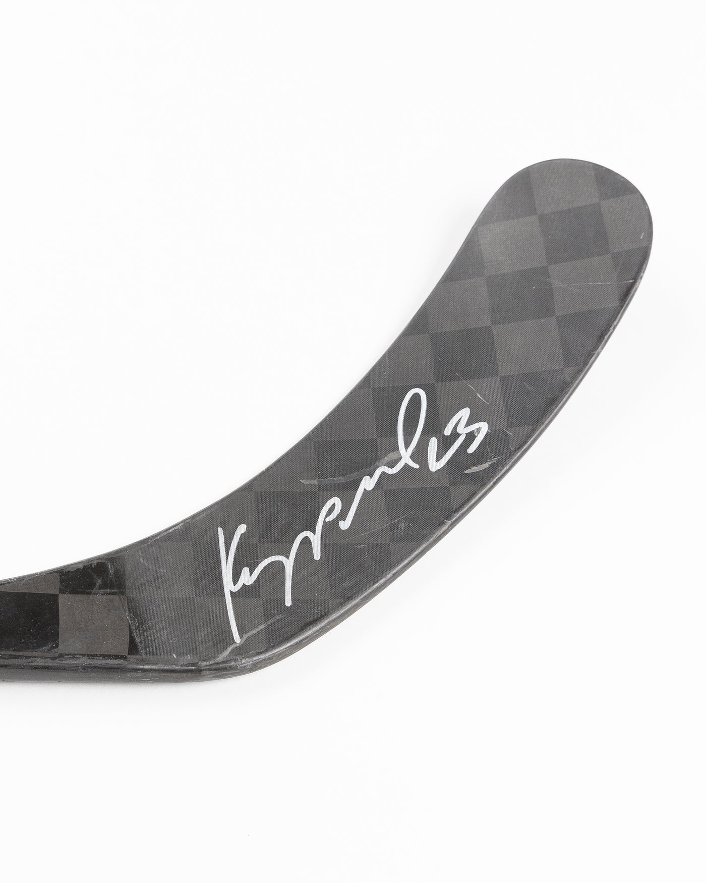 signed and game used Chicago Blackhawks Philipp Kurashev hockey stick - detail lay flat