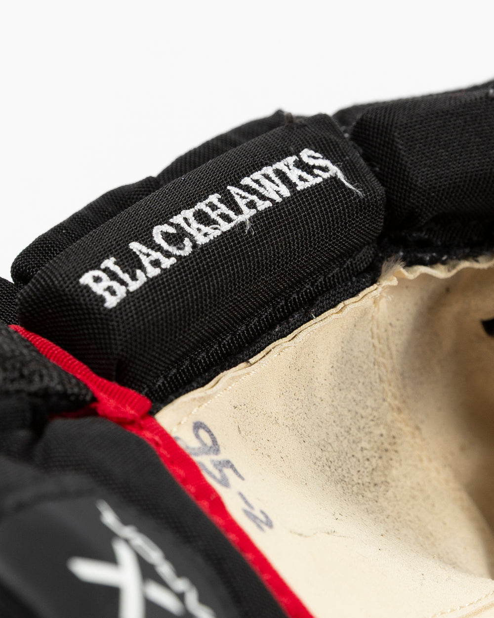 black Bauer hockey gloves game used and game worn by Chicago Blackhawks player Ilya Mikheyev - Blackhawks stitched detail lay flat