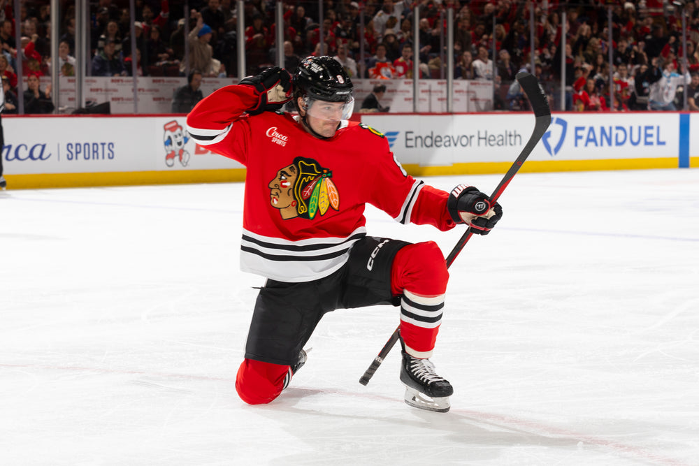 Chicago Blackhawks player Ryan Donato celebrating goal scored against Edmonton Oilers on January 11, 2025