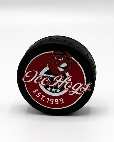 Rockford IceHogs puck with wordmark and Hammy with est. 1999 graphic - front lay flat