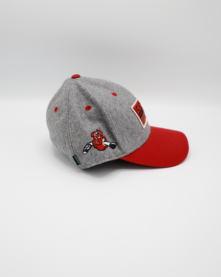 Legacy red and grey adjustable hat with IceHogs Hockey patch on front and Hammy Rockford IceHogs logo on right side - right side lay flat