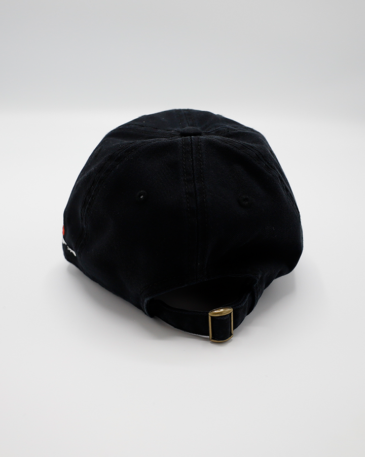 black Legacy adjustable hat with embroidered red Hockey Mom wordmark on front and Rockford IceHogs Hammy logo on left side - back lay flat