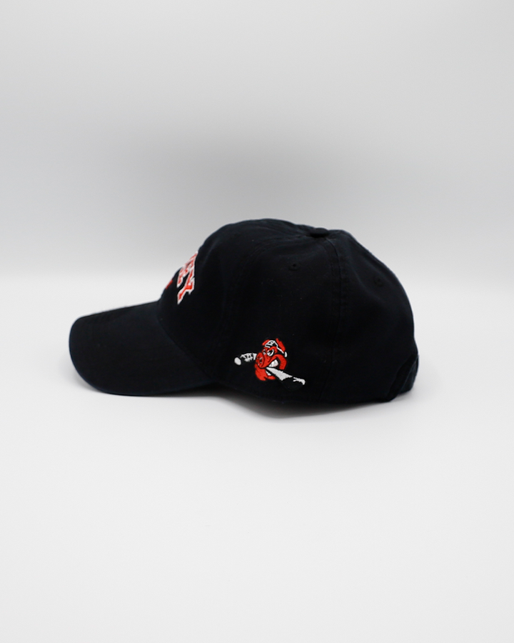 black Legacy adjustable hat with embroidered red Hockey Mom wordmark on front and Rockford IceHogs Hammy logo on left side - left side lay flat