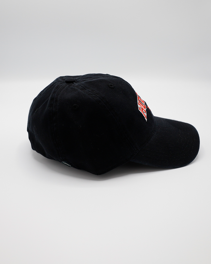 black Legacy adjustable hat with embroidered red Hockey Mom wordmark on front and Rockford IceHogs Hammy logo on left side - right side lay flat