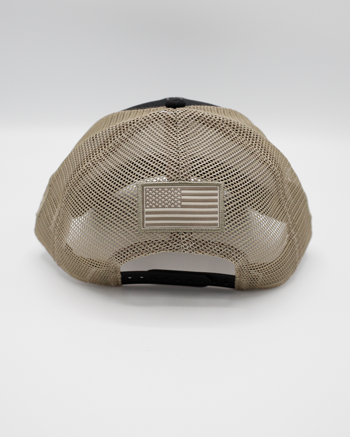 black and khaki Colosseum trucker hat with IceHogs military patch on front and OHT and Colosseum patches on sides - back lay flat