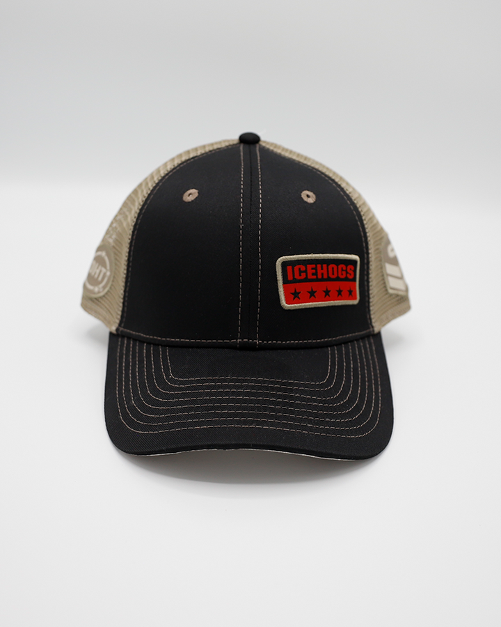 black and khaki Colosseum trucker hat with IceHogs military patch on front and OHT and Colosseum patches on sides - front lay flat
