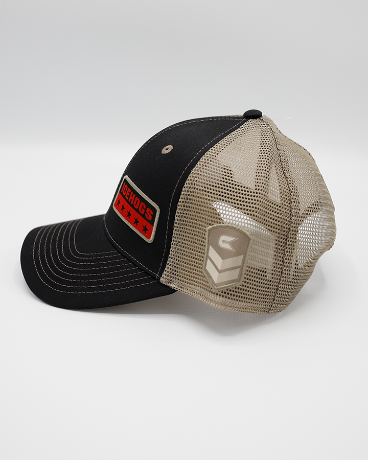 black and khaki Colosseum trucker hat with IceHogs military patch on front and OHT and Colosseum patches on sides - left side lay flat