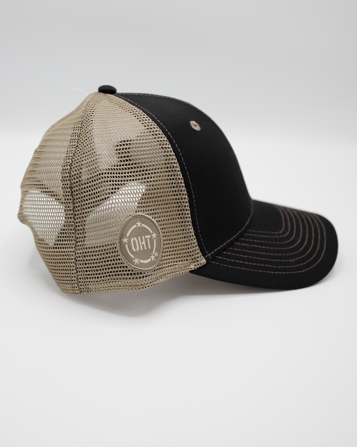 black and khaki Colosseum trucker hat with IceHogs military patch on front and OHT and Colosseum patches on sides - right side lay flat