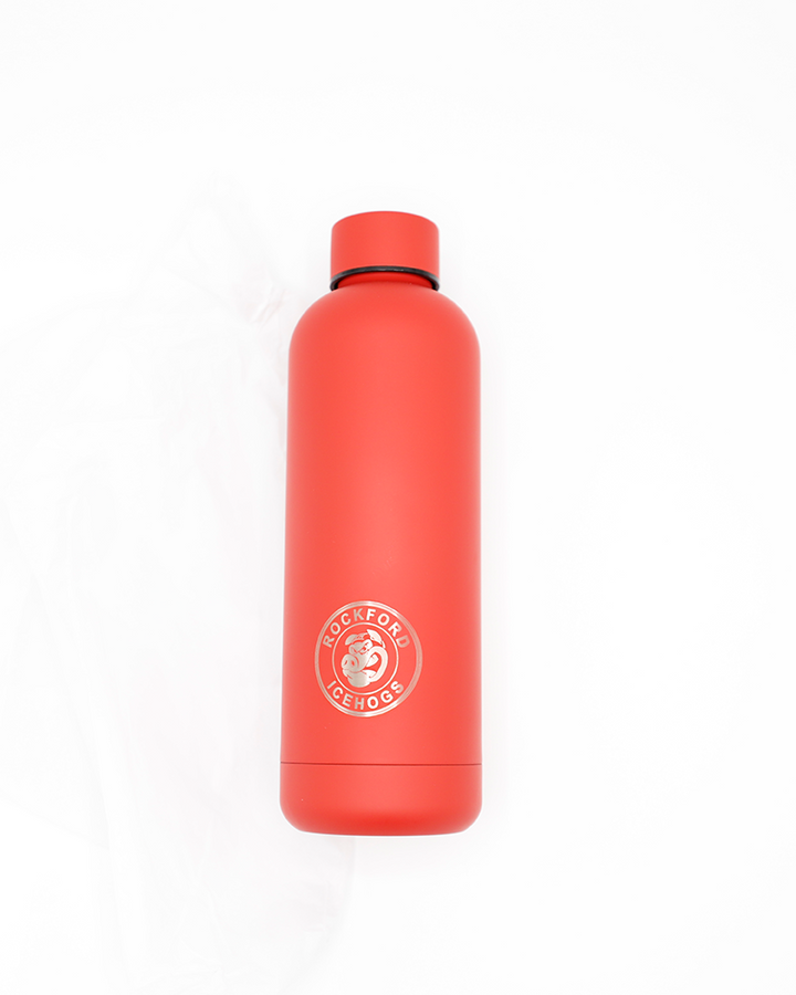 red metal water bottle with screw top with silver Rockford IceHogs primary logo on front - front lay flat