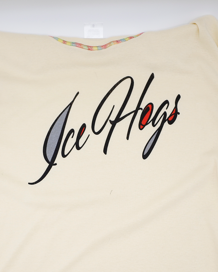 cream ladies short sleeve tee with script IceHogs wordmark on front - front detail lay flat