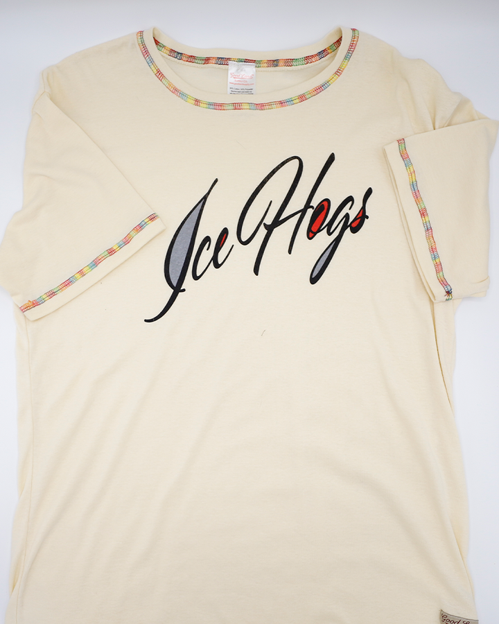 cream ladies short sleeve tee with script IceHogs wordmark on front - front lay flat