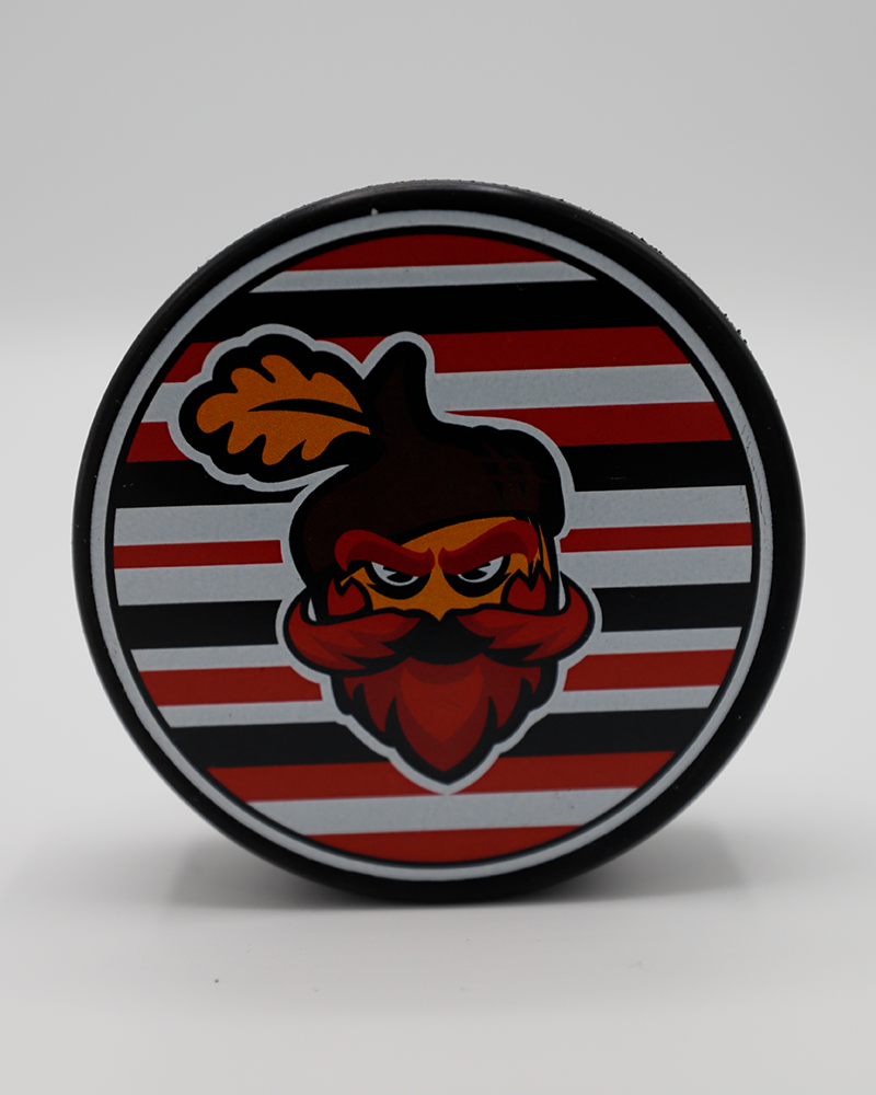 black Rockford IceHogs hockey puck with Mighty Oaks logo on front with red white and black stripes - front lay flat