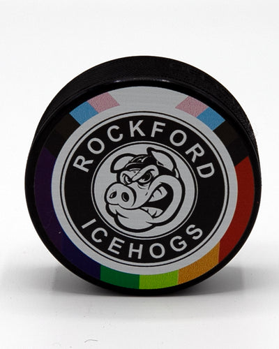 Rockford IceHogs puck in pride colorway - front lay flat