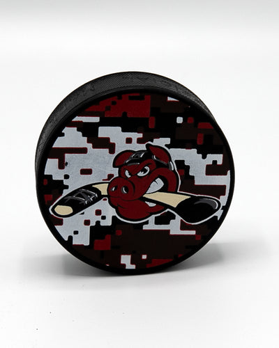 red and white camo puck with Hammy graphic on front - front lay flat
