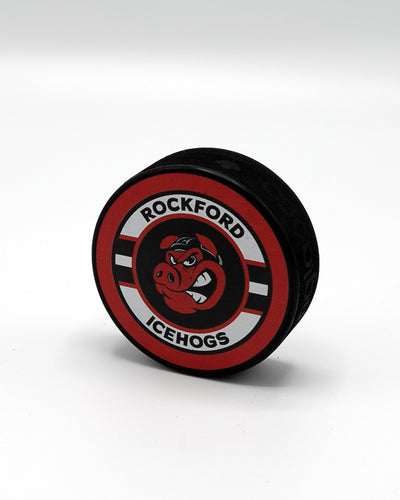 red white and black puck with Rockford IceHogs logo on front - front lay flat