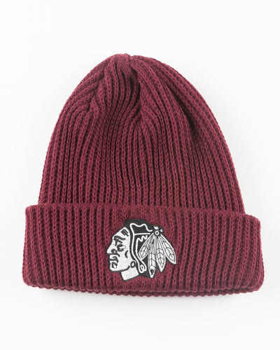 burgundy CCM knit hat with Chicago Blackhawks tonal primary logo embroidered on front - front lay flat