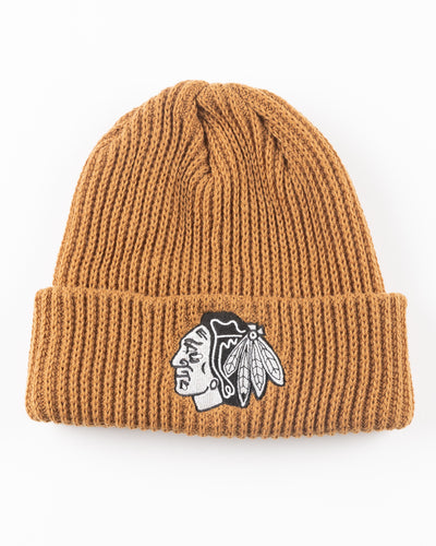 brown CCM knit hat with Chicago Blackhawks tonal logo embroidered on front cuff - front lay flat