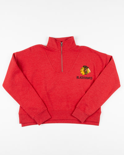 red ladies chicka-d quarter zip with Chicago Blackhawks primary logo and wordmark printed on left chest - front lay flat