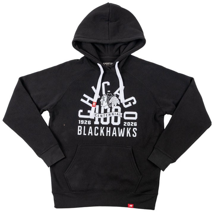 Black hoodie with 'Blackhawks' text on a white background