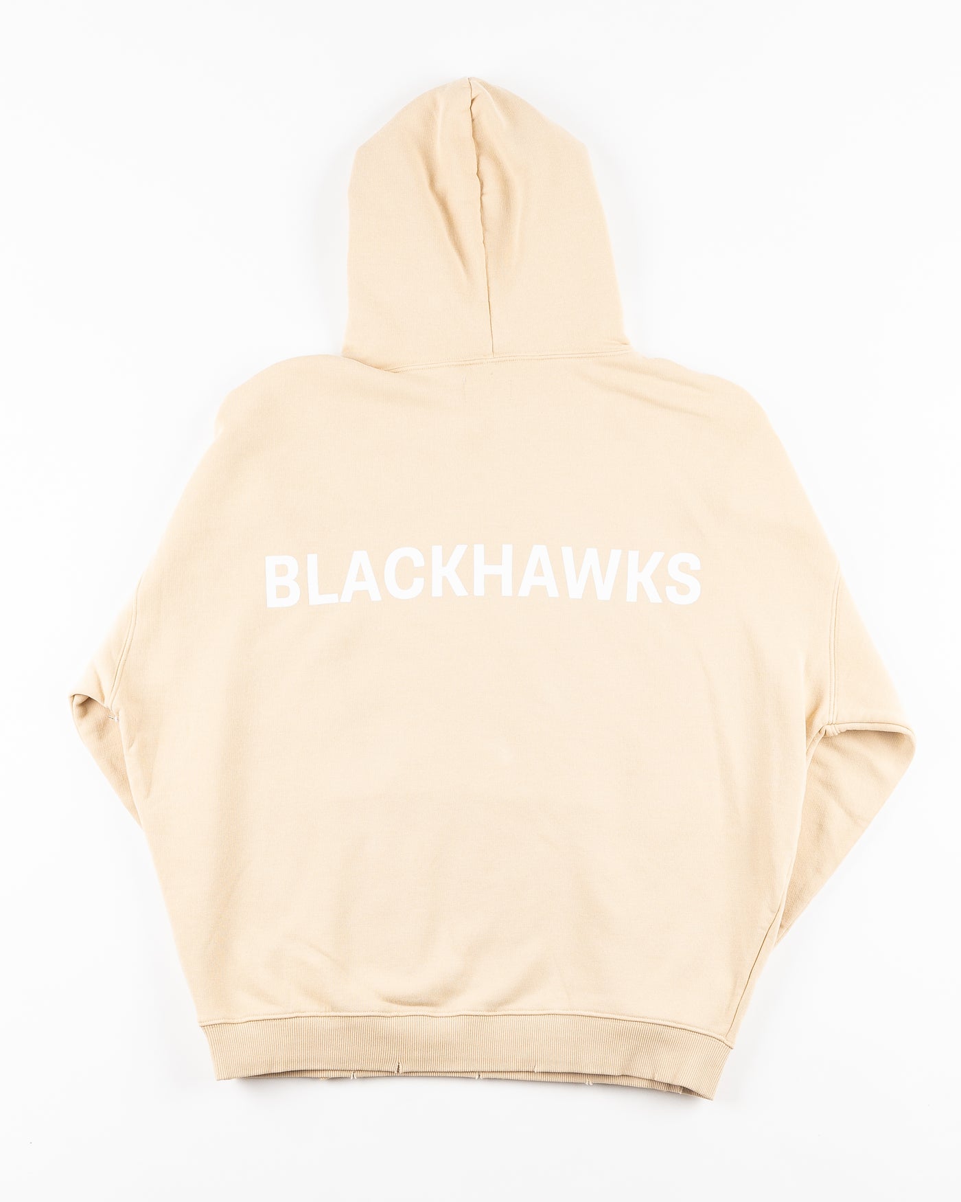 camel Line Change hoodie with Chicago Blackhawks wordmarks on front and back - back lay flat