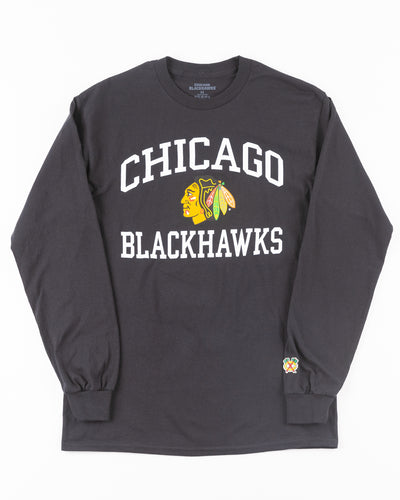 black long sleeve tee with Chicago Blackhawks wordmark and primary logo across chest - front lay flat