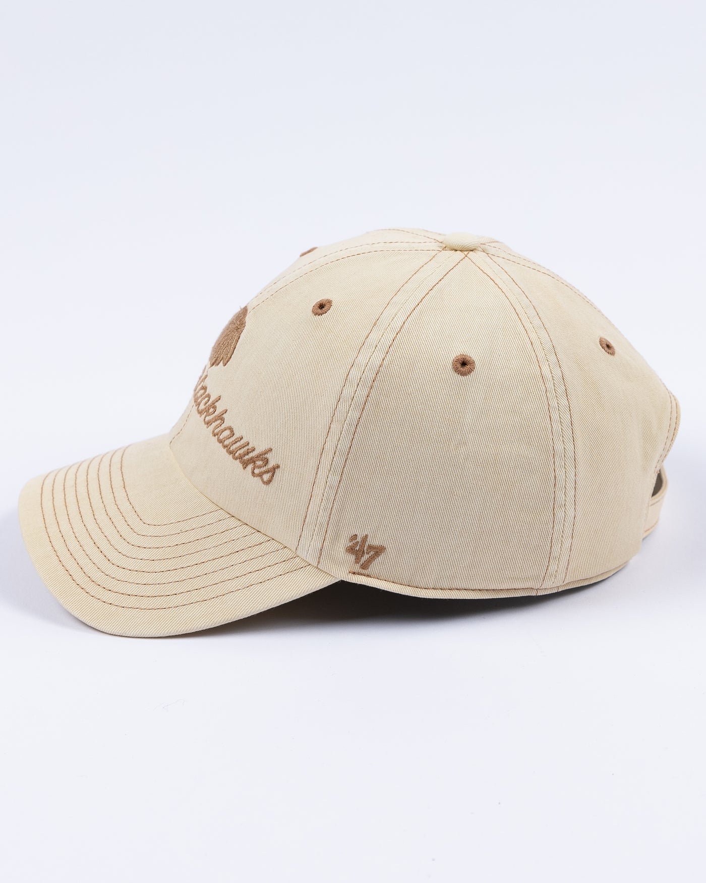 light brown '47 brand ladies cap with Chicago Blackhawks cursive wordmark and tonal primary logo on front - left side lay flat