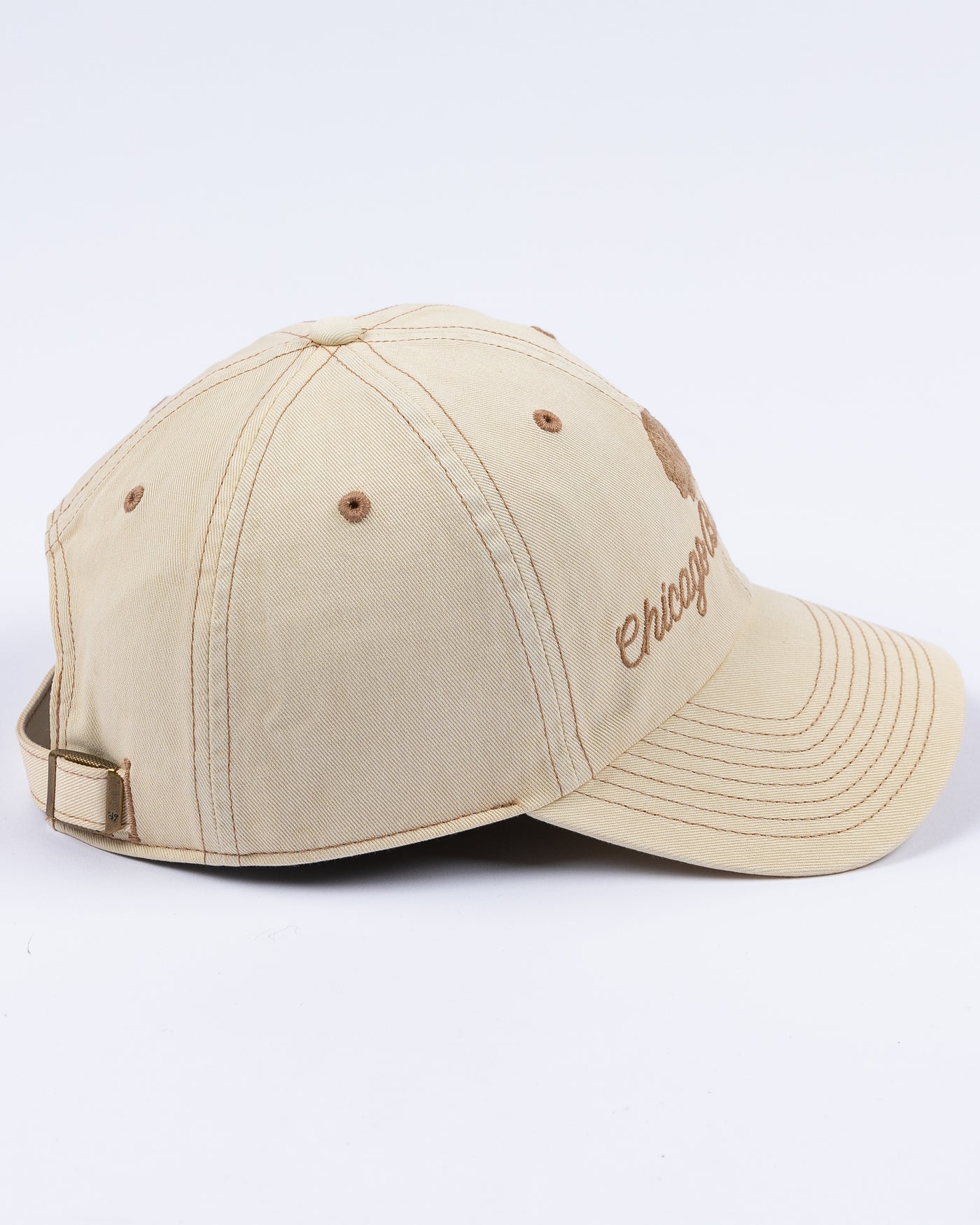 light brown '47 brand ladies cap with Chicago Blackhawks cursive wordmark and tonal primary logo on front - right side lay flat