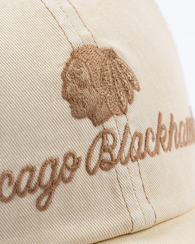 light brown '47 brand ladies cap with Chicago Blackhawks cursive wordmark and tonal primary logo on front - detail lay flat