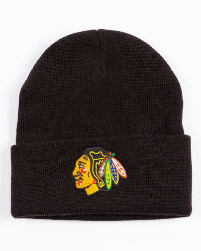 black Ameican Needle beanie with Chicago Blackhawks primary logo embroidered on cuff - front lay flat