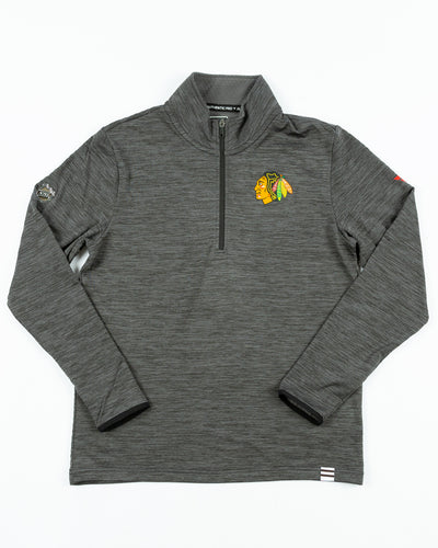 grey Fanatics quarter zip with Chicago Blackhawks primary logo on left chest and wordmark on back - front lay flat