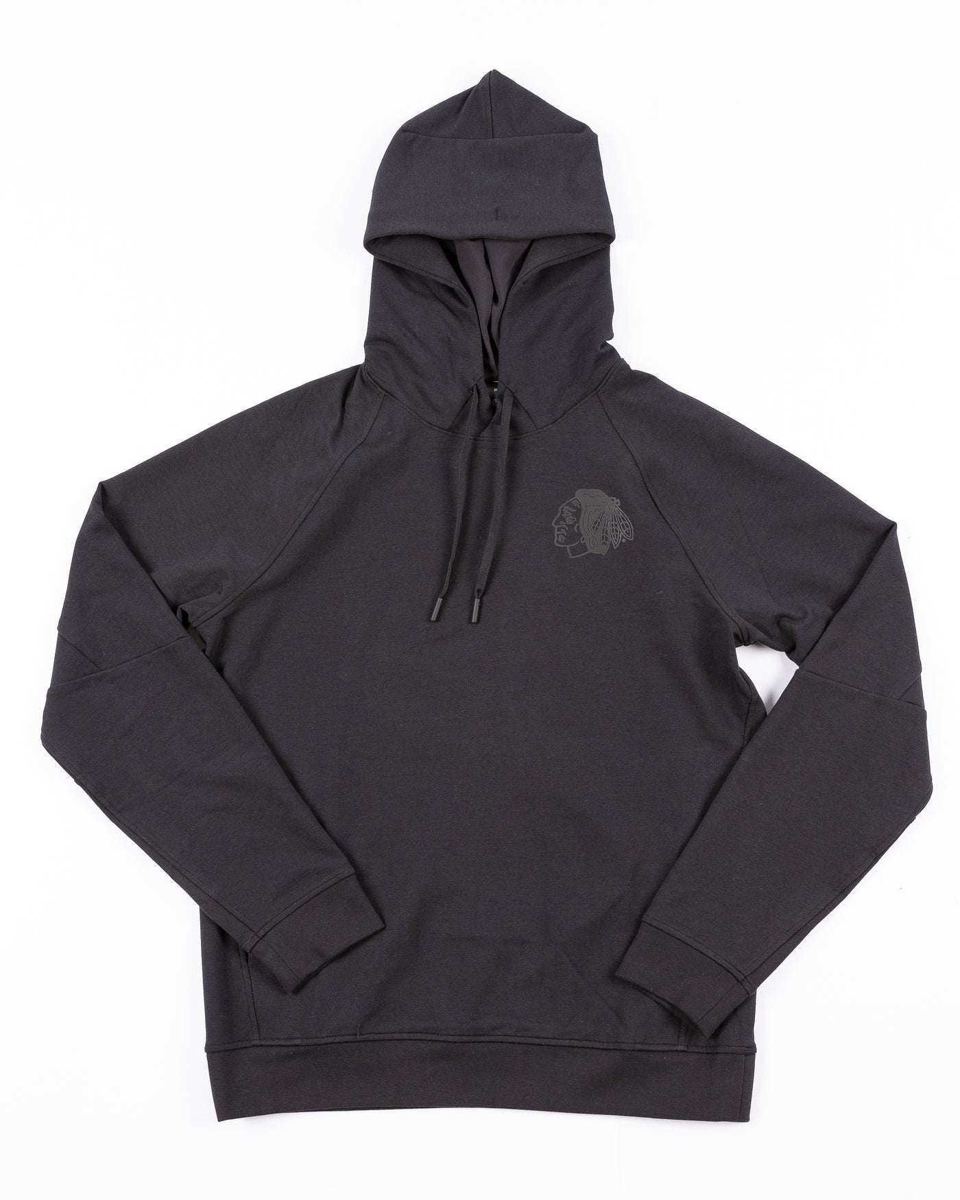 black lululemon hoodie with tonal Chicago Blackhawks primary logo printed on left chest - front lay flat