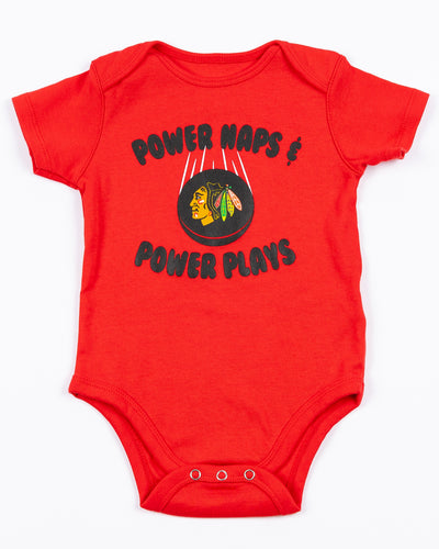 red infant onesie with Chicago Blackhawks primary logo and power naps and power plays graphic on front - front lay flat