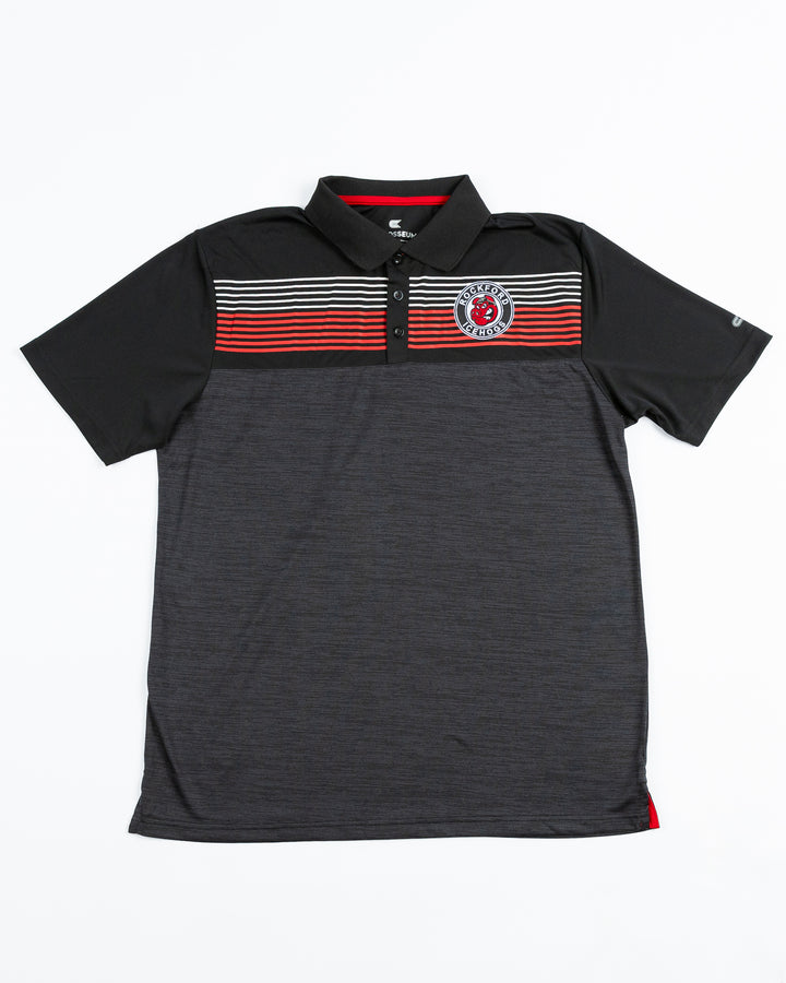 black Colosseum polo with red and white stripes across top and embroidered Rockford IceHogs logo on left chest - front lay flat