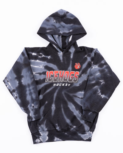 youth tie dye hoodie with Rockford IceHogs wordmark and Hammy graphic across front - front lay flat