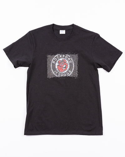 black youth tee with Rockford IceHogs brick art inspired graphic across front - front lay flat