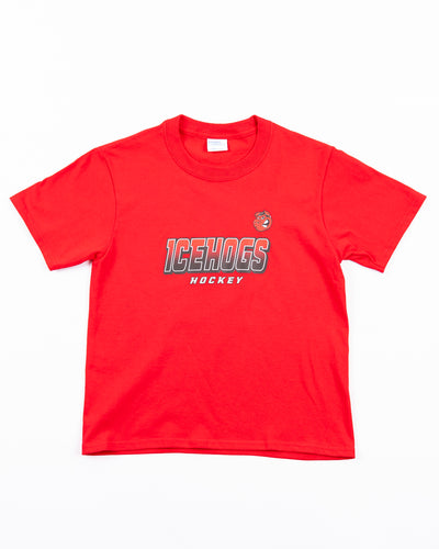 red youth tee with Rockford IceHogs wordmark and Hammy across the front - front lay flat