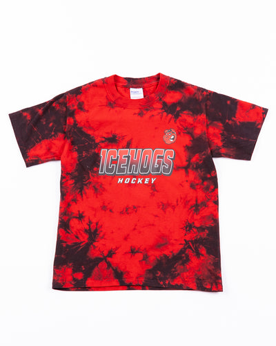 red and black tie dye Rockford IceHogs youth tee with wordmark and Hammy graphic - front lay flat