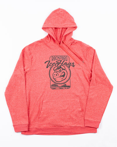 red Rockford IceHogs hoodie with skyline inspired graphic across the front - front lay flat
