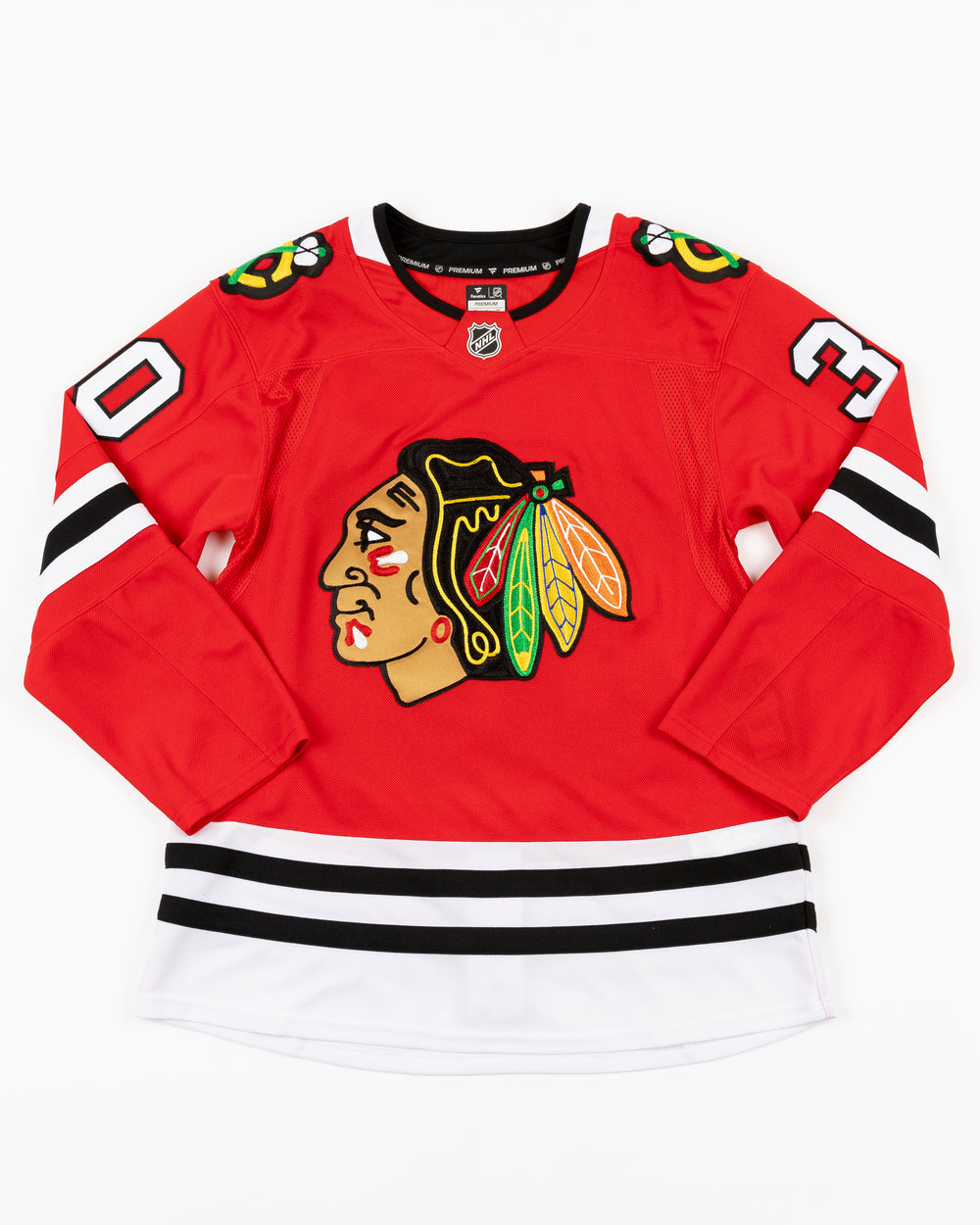 red Fanatics Premium Chicago Blackhawks Home Jersey with Spencer Knight name and number 30 - front lay flat