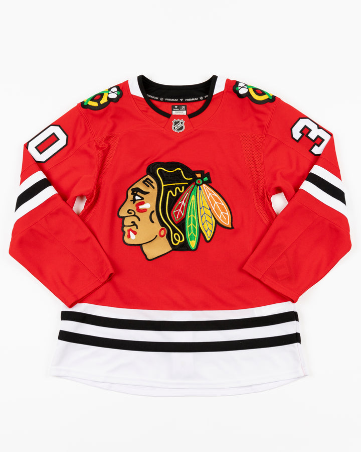 red Fanatics Premium Chicago Blackhawks Home Jersey with Spencer Knight name and number 30 - front lay flat