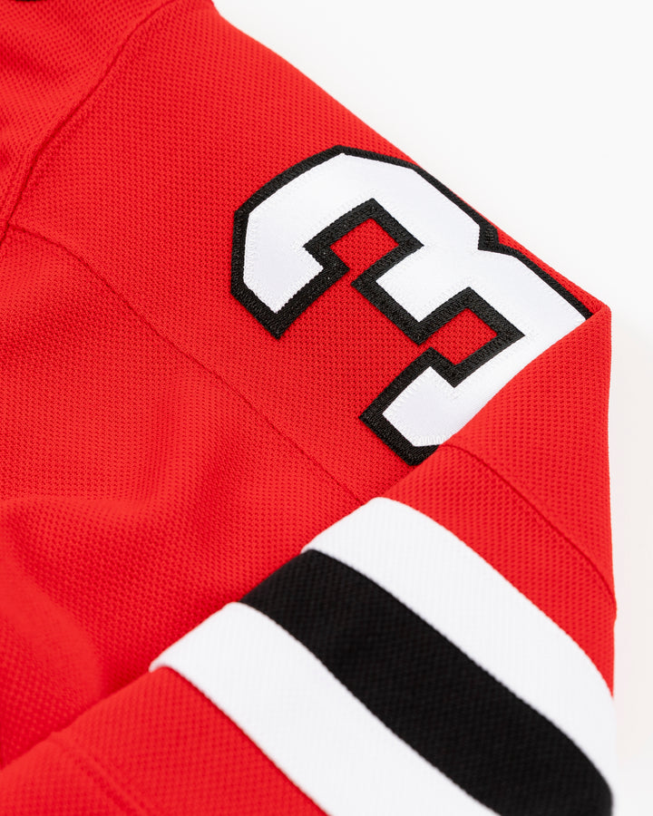 red Fanatics Premium Chicago Blackhawks Home Jersey with Spencer Knight name and number 30 - shoulder detail lay flat