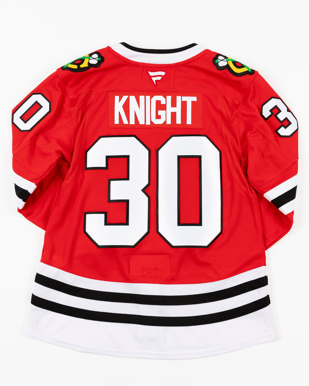 red Fanatics Premium Chicago Blackhawks Home Jersey with Spencer Knight name and number 30 - back lay flat