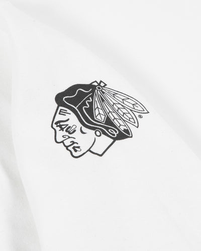 White Chicago Blackhawks Hockey Mom crewneck with primary logo on left shoulder - alt detail lay flat