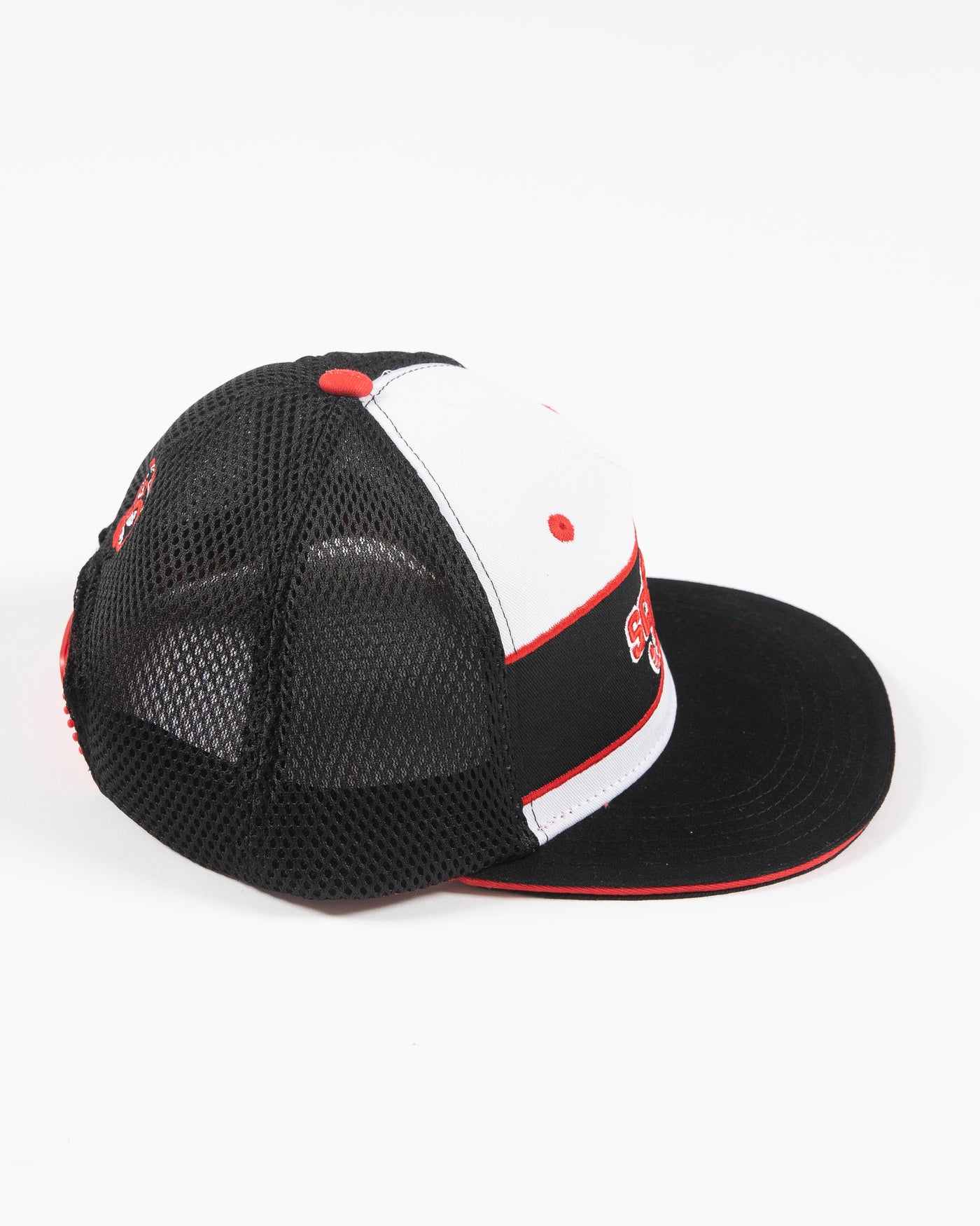 black, white and red adjustable cap with Screw City embroidered decal on front - right side lay flat