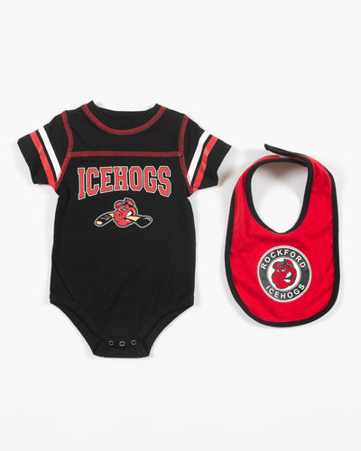black and red Rockford IceHogs onesie and bib set - front lay flat