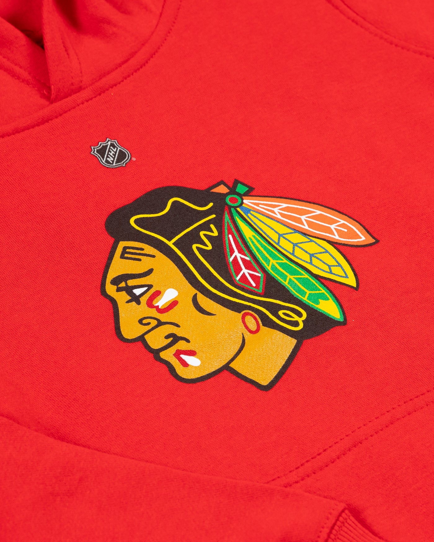 Red Outerstuff Chicago Blackhawks Connor Bedard youth player hoodie - detail front lay flat