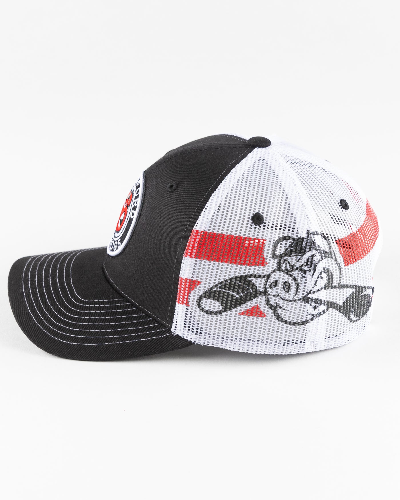 Rockford IceHogs black and white trucker with embroidered patch on front - left side lay flat
