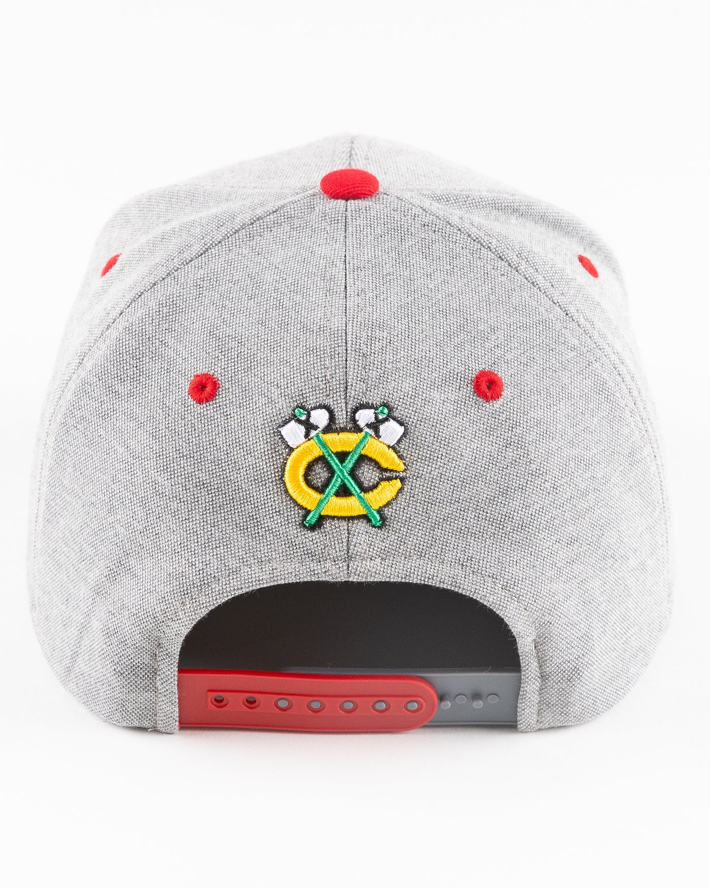 grey Rockford IceHogs snapback with red brim and embroidered IceHogs patch - back lay flat