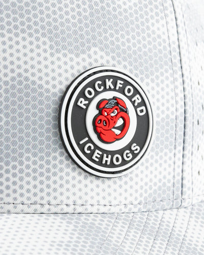 grey Rockford IceHogs adjustable cap with grey camo dot design and rubber patch on front panel - detail lay flat