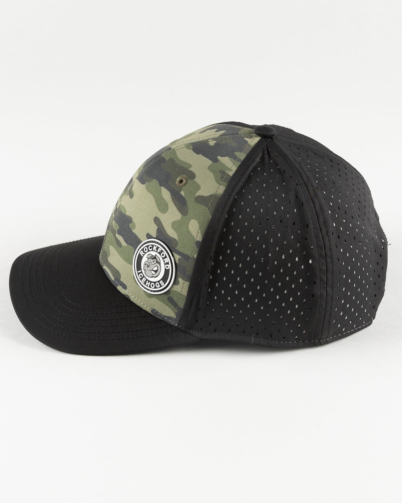 black and camo Rockford IceHogs adjustable cap - left side lay flat